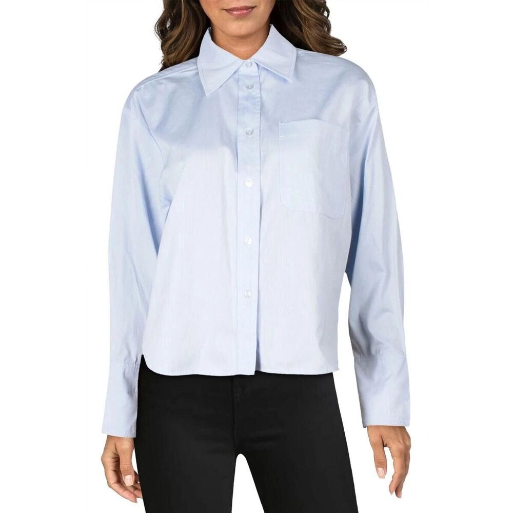 Parker Women's Long Sleeves Back Pocket mini Striped Button Up Shirt Sky Blue L